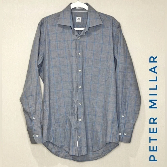 Peter Millar Gray Cotton Grid Pattern Long Sleeve Button Front Shirt Size Medium - Picture 1 of 5